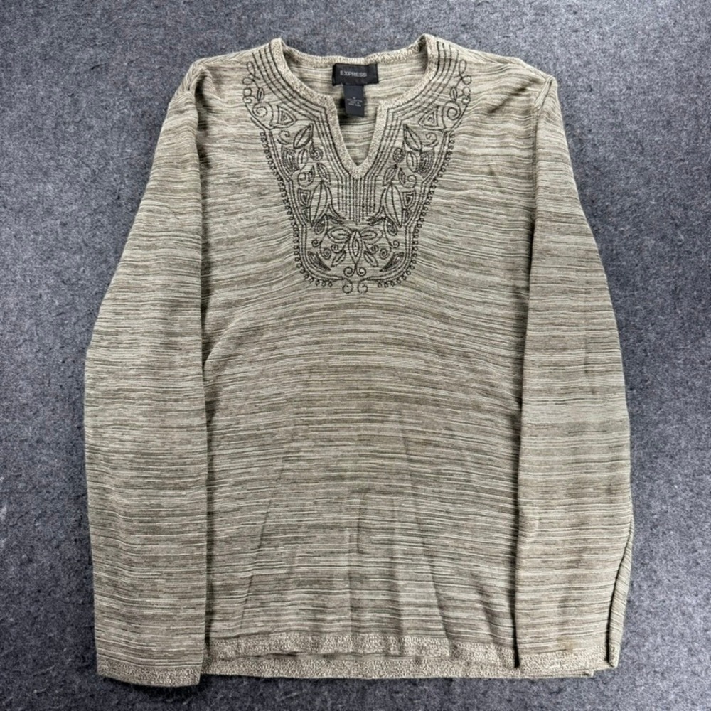 Express Womens Medium M Knit Top V Neck Long Sleeve Embellished Boho Blouse